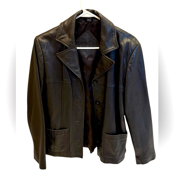 Jacqueline Ferrar Women's Medium Black Leather Button Front Pocketed Jacket - Picture 1 of 4